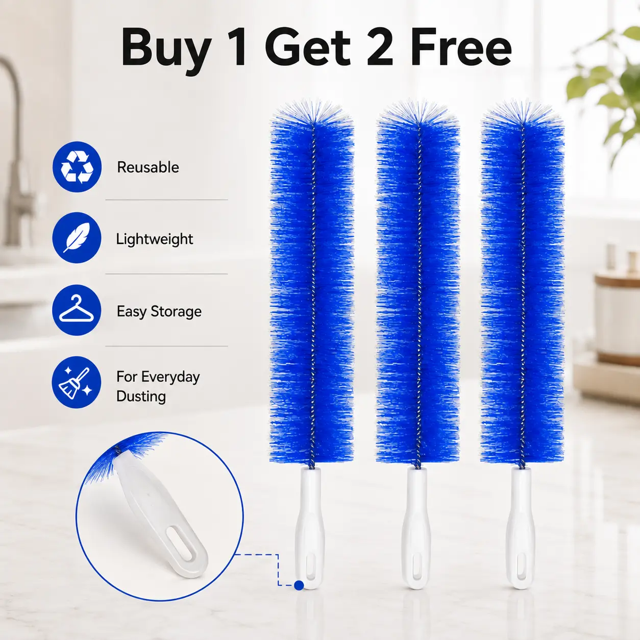 Bendable Head Microfiber Brush Duster - Reusable Washable Home Care Duster for Ceiling Fan Care (Blades & Vents), 3 Pcs Total with Buy 1 Get 2 Free Offer