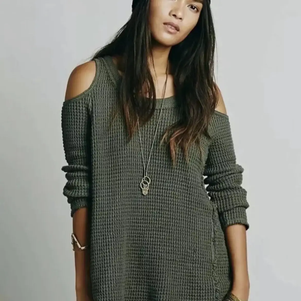 Free People Women's Thermal Knit Sunrise Cold Shoulder Sweater in Olive - Size S