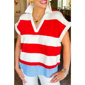 Red Stripe Colorblock Patchwork Short Sleeve Collar Top