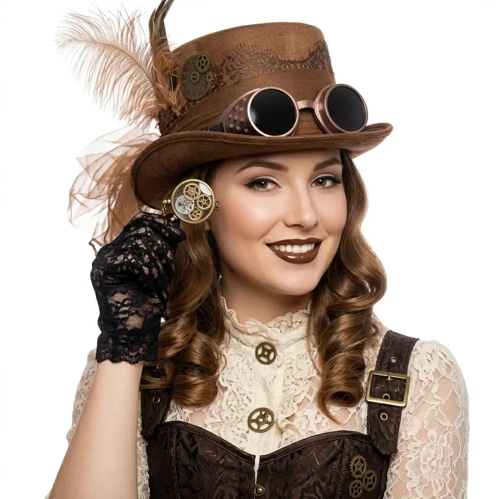 Brown Steampunk Victorian Mad Hatter Scientist Time Traveler Top Hat with Goggles For Halloween