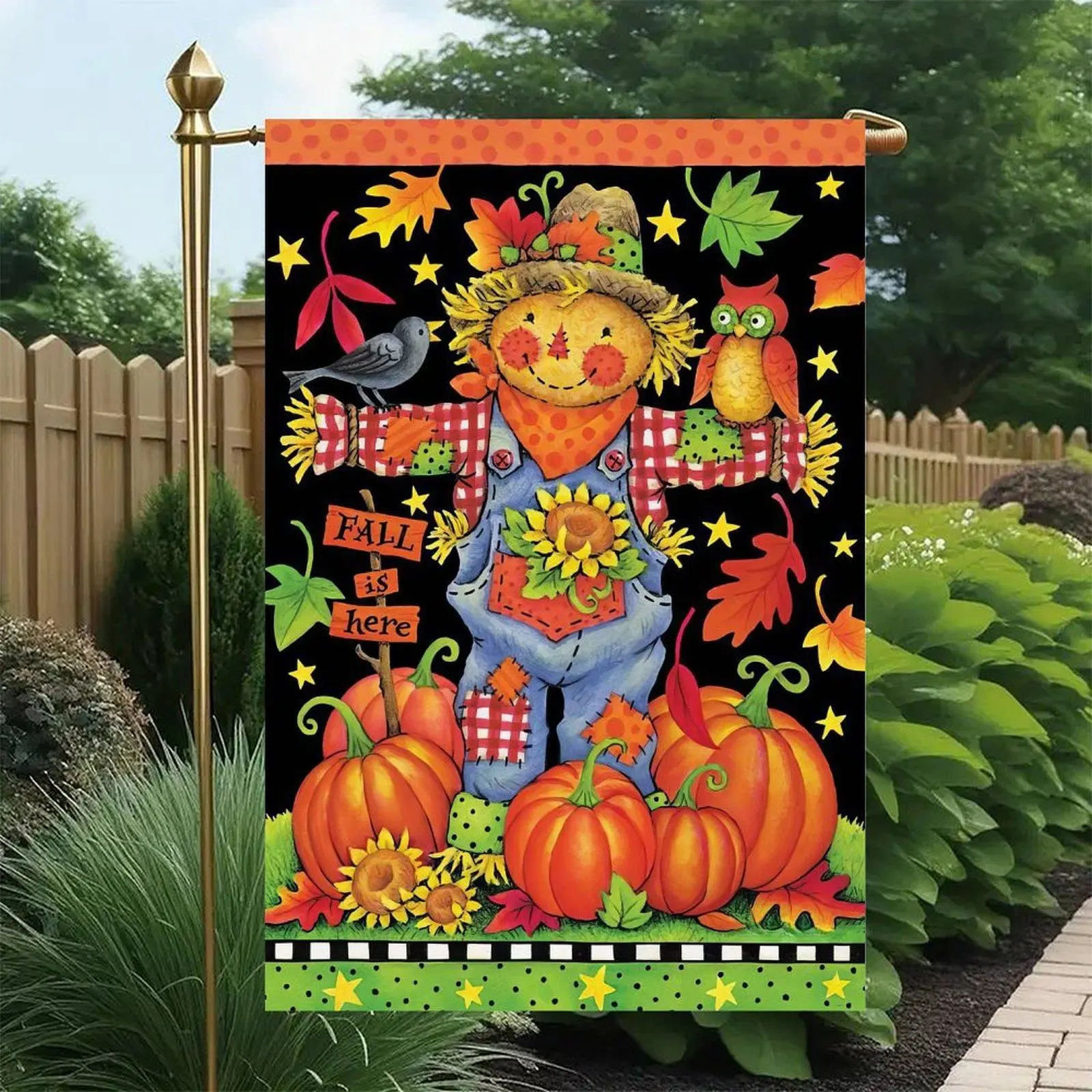 Double-Sided Print Waterproof Linen Outdoor Garden Accessories 12x18in Patchwork Garden Flag, Cartoon Fall-Themed Decor with Scarecrow, Owl, Crow, Sunflower, Pumpkin for Country Autumn Outdoor Use