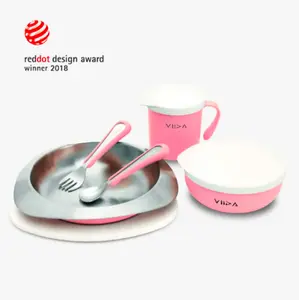 VIIDA Soufflé Antibacterial Stainless Steel Kids Tableware Set in Taffy Pink - 2018 Red Dot Design Award Winner - Bowl, Cutlery, Colorful, Dot, Silicone