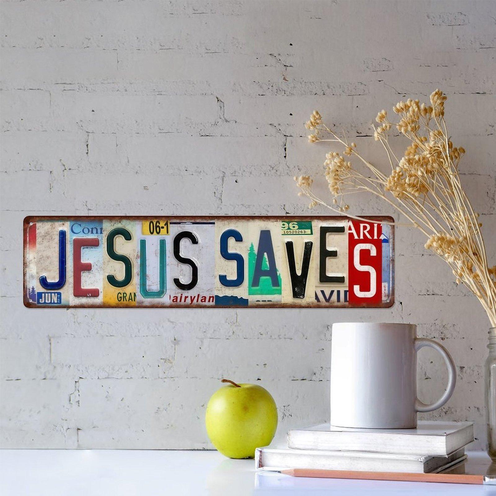 16×4 Inch Jesus Saves Vintage Metal Sign, Retro License Plate Style Christian Aluminum Wall Decor, Pre-drilled Religious Wall Art for Home Garage