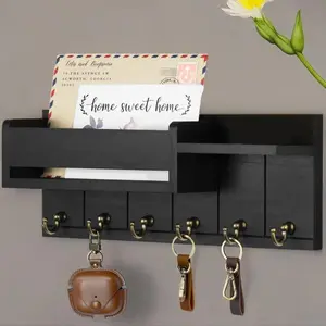 Wall Mounted Key Organizer Storage Holder, 1 Count Wooden Wall Shelf with 6 Key Hooks, Mail Organizer Storage Sorter, Home Organizer for Living Room Entrance Decor, Household Items, Wall Mount Design Organizing, Adjustable Hooks