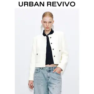 URBAN REVIVO Women's Elegant Long-Sleeve Fitted Crew Neck Button Tweed Mix Coat, 2025 Fashion Outerwear, Standard Sizes, Tops & Jeans Compatible, Versatile Casual Outfit Piece