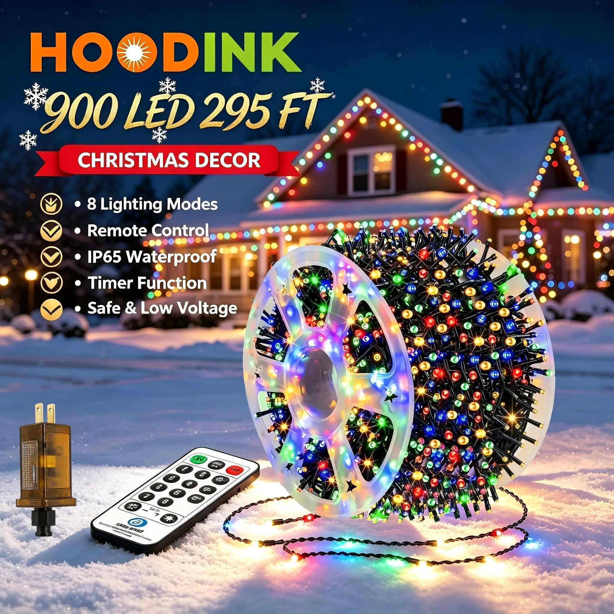 Hoodink Live 900-LED 295ft Fairy Christmas Light String - 8 Modes, Timer, Remote Control - String LED Novelty Lighting, Party Lighting Decoration, Festival Decoration, Christmas Aesthetic Home Event Supplies