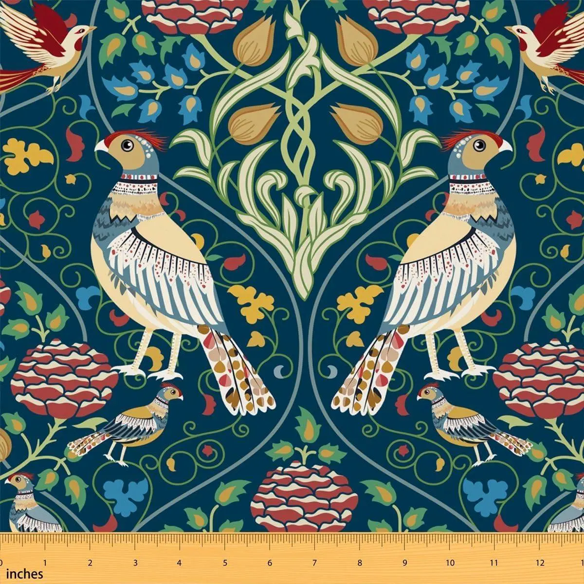 Colorful Bird Fabric Bohemian Vintage Flowers Pattern No Stretch Fabric Retro Botanical Plants Soft Flannel Polyester Fabric DIY Home Accents Pre-Cut