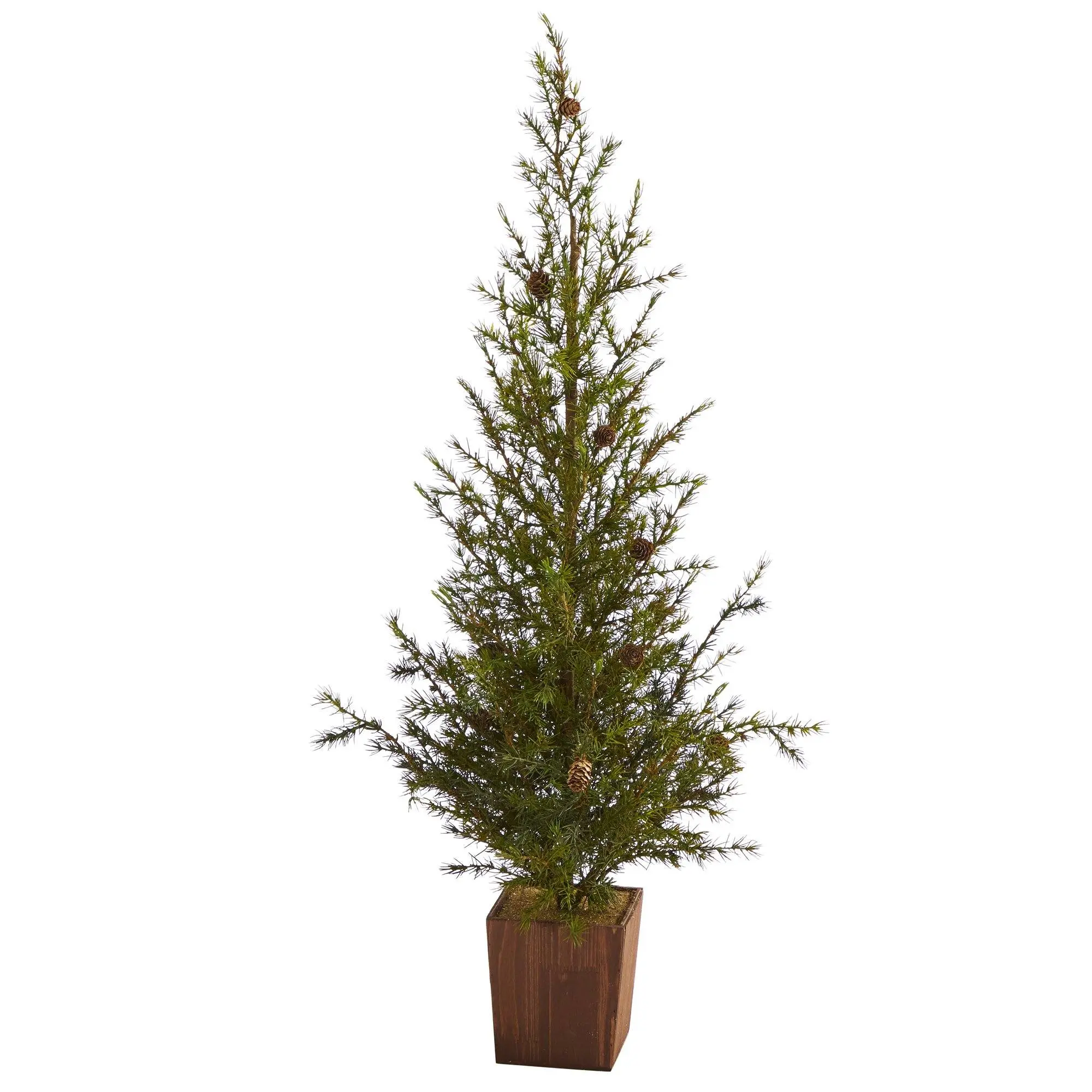 4’ High Artificial Alpine Christmas Tree - Decorative Miniature with Bendable Boughs, Sparse Branches, Pine Cone Accents, Decorative Accents in Wood Planter