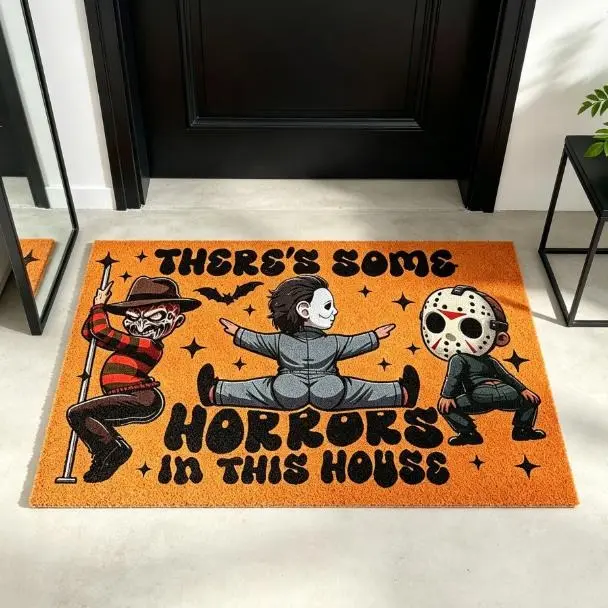 Funny Horror Movie Character Welcome Mat There's Some Horrors In This House Freddy Michael Jason Non Slip Halloween Entryway Door Mat Spooky Humor Fall Front Porch Home Decor