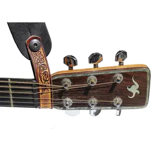 AT-2 Brown Carving Leather Acoustic Guitar Strap Button Headstock Adaptor For Acoustic, Electric, And Bass Guitars
