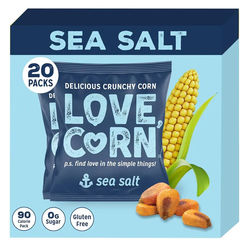 LOVE CORN Sea Salt 20 Packs - Delicious Crunchy Corn Snack - Healthy Family Snack - 90 Calories, Sugar Free, Gluten-Free, Vegan,  Kosher - Lunchbox Alternative for Chips, Nuts, Crackers & Pretzels - Perfect for Charcuterie Boards