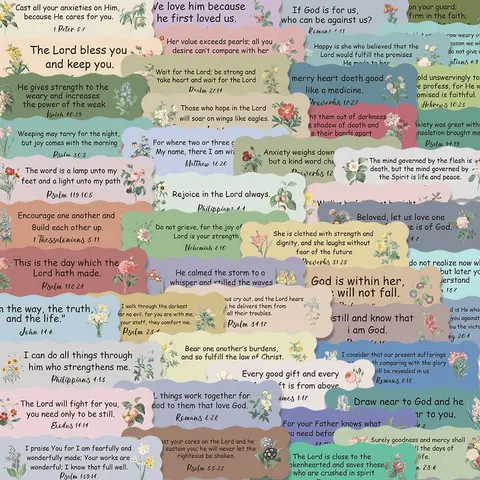 Bible Verse Sticker, 50pcs/set Cartoon English Bible Sticker, Waterproof Self Adhesive Decor Paper Decoration Sticker for Gift Greeting Card & Water Bottle & Laptop Decorative Sticker, Waterproof Stickers, Adhesive Decals, Sticker Packs
