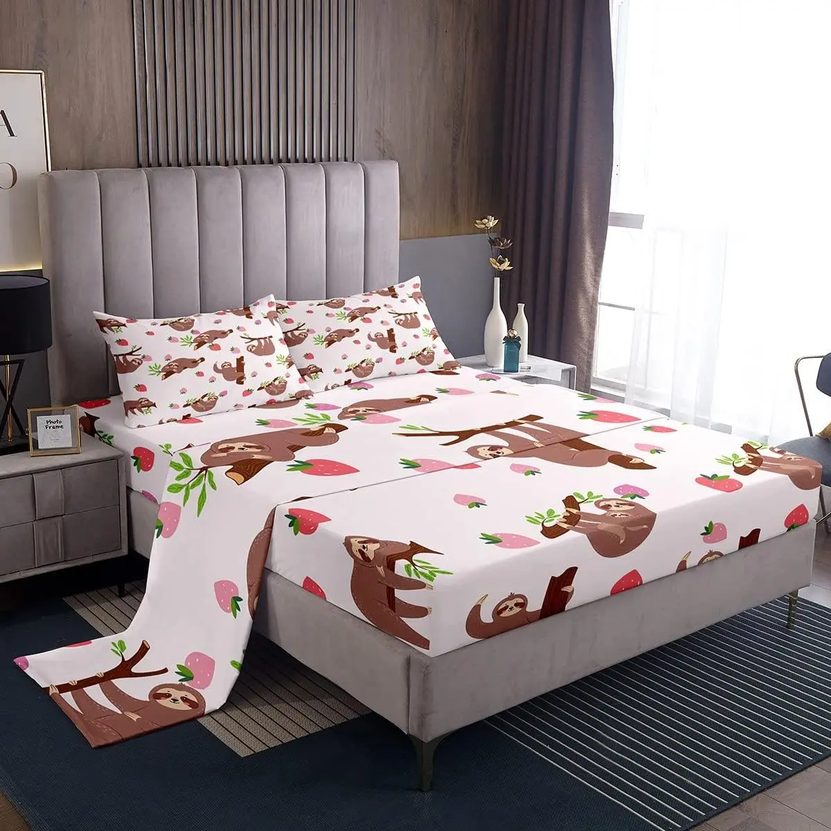 Feelyou Kawaii Sloth Print Bedding Set - Strawberry Pink Bedsheet Sets, Multi-Size (Including King) with Deep-Pocket Fitted Sheet, Flat Sheet, Breathable for Kids' Bedroom