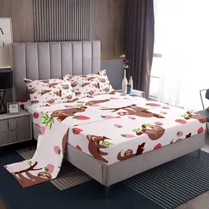 Cute Sloth Print Bed Sheet Set,Cartoon Sloth Bedding Set,Kawaii Animal Print Fitted Sheet,Strawberry Pink Flat Sheet for Boys Girls Adults