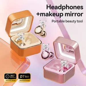 CHENRUIDA Open Ear Bluetooth Earbuds with Bow Ear Jewelry, Makeup Mirror Jewelry Case, Wireless Ear Clip Headphones, Perfect for Workouts, Office, Travel and Fashion Lifestyle
