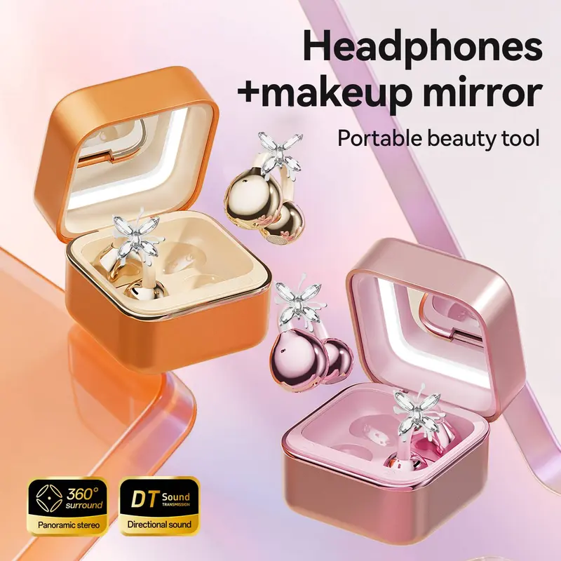 CHENRUIDA Wireless Open-Ear Bluetooth Headphones - Plastic Clip-On Design with Bow Ear Jewelry, Waterproof, Active Noise Cancellation, Jewelry Box with Makeup Mirror, Ideal for Workouts & Fashion Lifestyle