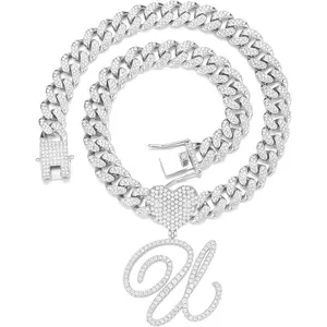 Cuban Link Chain for Women men Initial Necklaces Iced Out Chain with Heart Letter Pendants Custom Chain Bling Name Necklace personalized Women  Hop