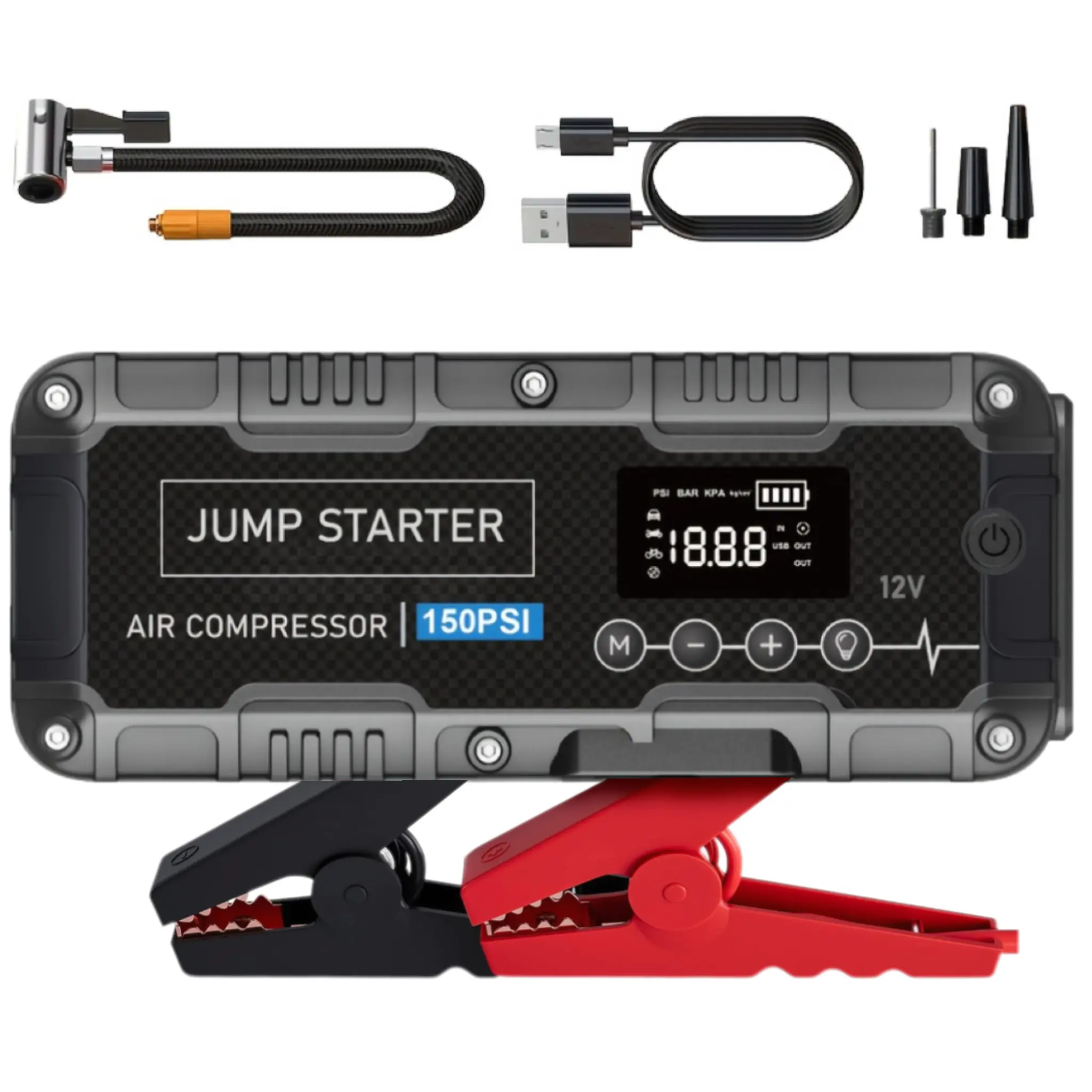 1pc 5-in-1 Car Battery Jump Starter with Air Compressor 150PSI Charger, Jump Starter Jump Box (All Gas 12L Diesel, bikes, balls, etc.), Car Battery Jumper Starter Portable Jumper Cables, Lights