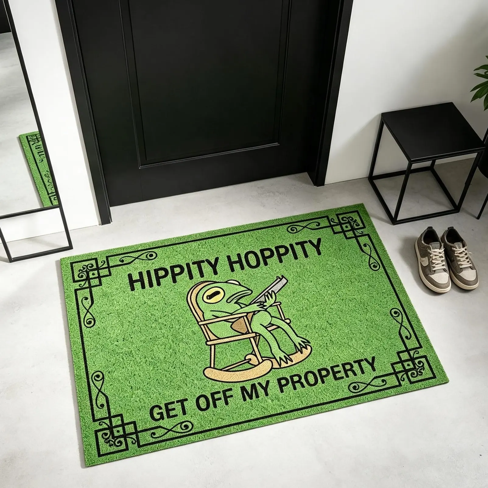 Hippity Hoppity Get Off My Property Frog Doormat, Rocking Chair Frog With Gun Funny Meme Welcome Mat, Non Slip Green  Entryway mat For Front Porch Home Decor