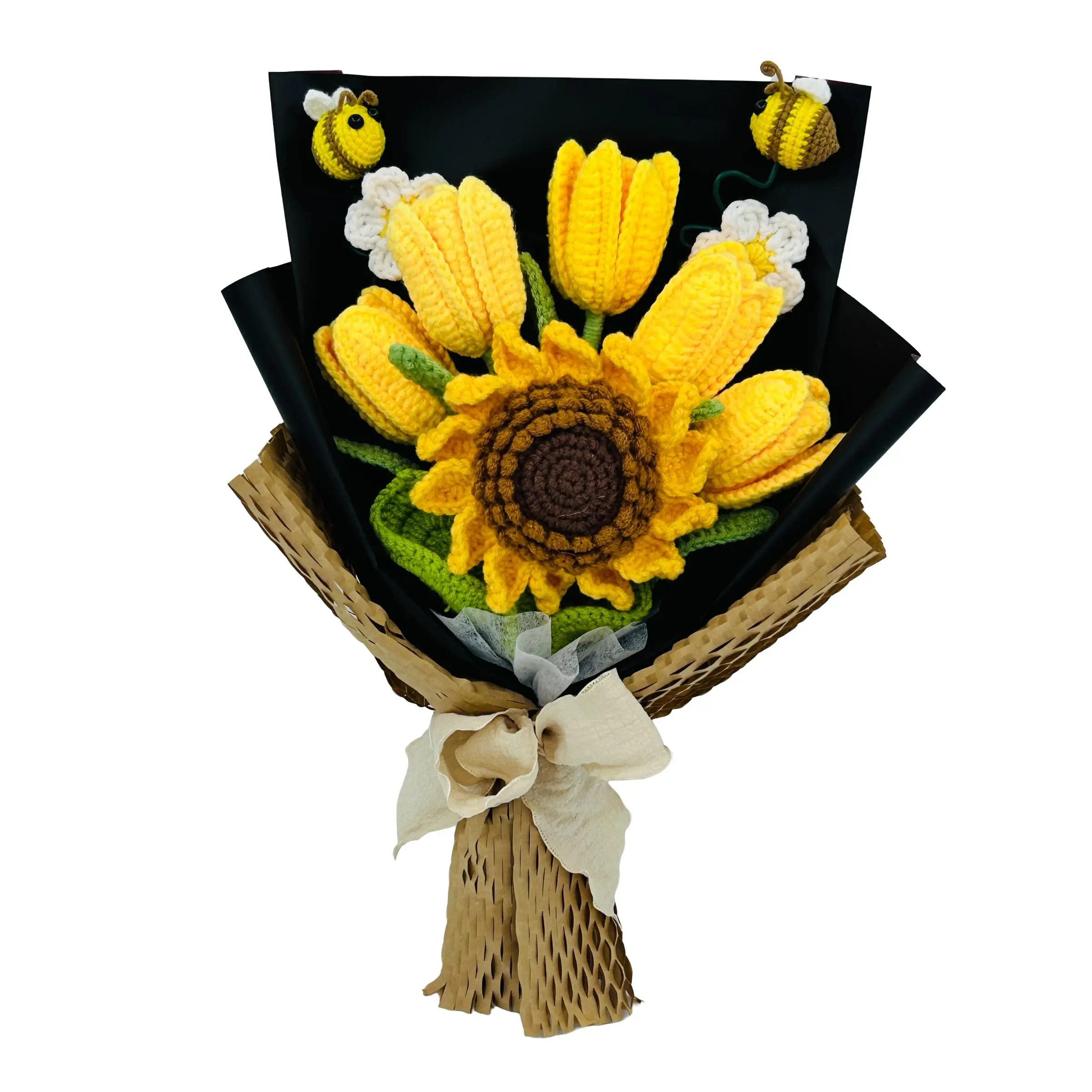 Handmade Crochet Bee Tulip Sunflower Eternal Flower Bouquet, Mother's Day Gift, Party Decoration, Decorative Bouquet, Fake Flowers, Colorful Fake Flower, Memorial Day Present