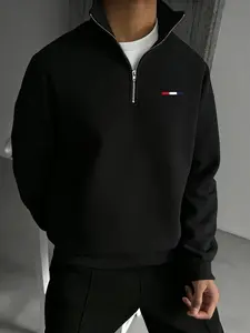 Men's Blue Striped Half-Zip Pullover Sweatshirt, Casual Fashion Print Stand Collar, Long Sleeve Fleece (male)