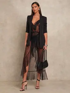 Women Black Mesh Fabric Polka Dot Spaghetti Strap Long Dress