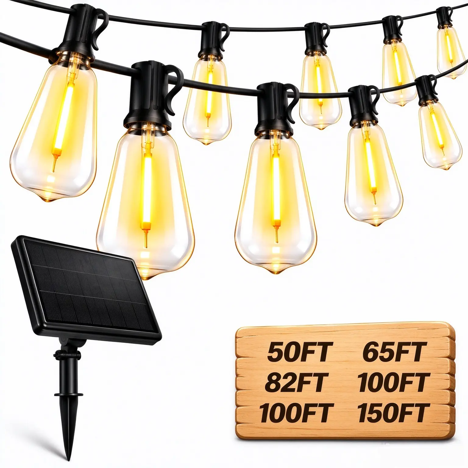 Solar Outdoor LED String Lights IP65 Waterproof, Shatterproof Bulbs for Backyard Parties and Christmas/Holiday Decor
