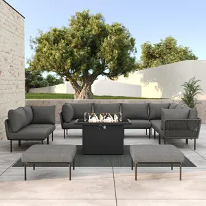LayinSun 11 Pieces Aluminum Patio Furniture Set, Modern Modular Sectional Sofa with Fire Pit Table and Upgrade Thickness Cushion
