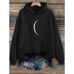 Women's Moon Print Drop Shoulder Drawstring Hoodie, Casual Long Sleeve Kangaroo Pocket Hooded Sweatshirt for Fall & Winter, Women's Clothes for Daily Wear