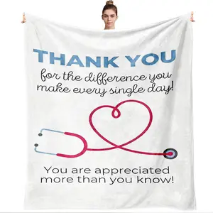 Thank You Medical Staff Appreciation Fleece Blanket 270g Flannel Soft Warm Throw Blanket with Stethoscope Heart Pattern Gift for Nurses Doctors Healthcare Workers Home Couch Bed Decor