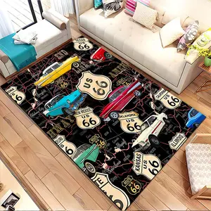 Retro car and Route 66 motif. Printed pattern home carpet, suitable for living room, bedroom, kitchen mat, home decoration, carpet, and also suitable as a holiday gift for family and friends
