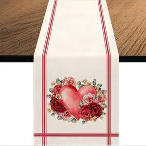 1 PC, Valentine's Day Rose Love Heart Table Runner, Seasonal Anniversary Wedding Kitchen Dining Table Decoration For Home Party Decor
