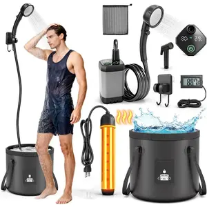 Portable Shower with Heater 1500W Camping Water Heater with Shower Head 3 Spray Modes, 6000mAh Rechargeable Shower Pump with LED Display Foldable Bucket Ou