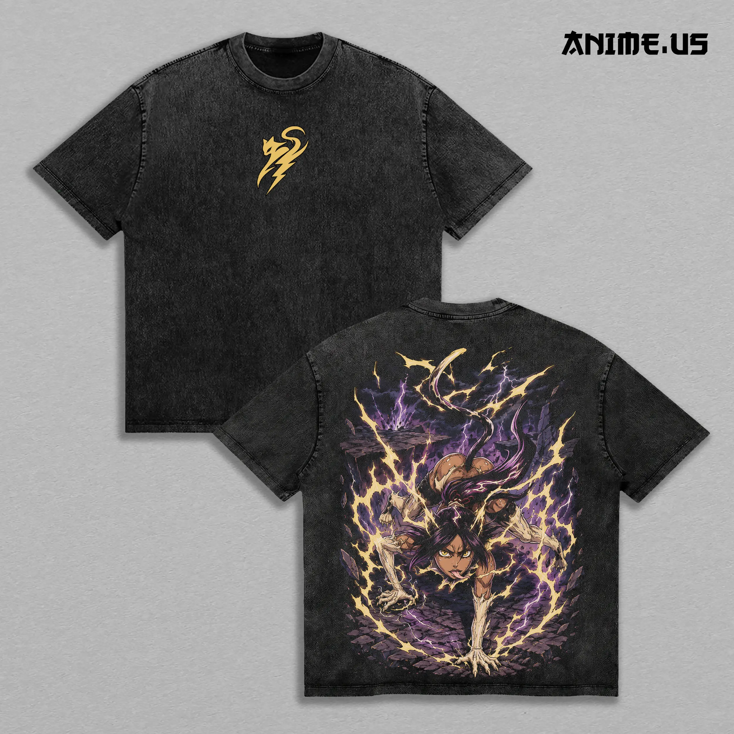 Yoruichi Shihouin Bleach Thunder Goddess Vintage Washed Anime Shirt, Shunko Lightning Form Flash Step Speed Fighter Graphic Tees Men Large Back Print Streetwear Cotton Menswear