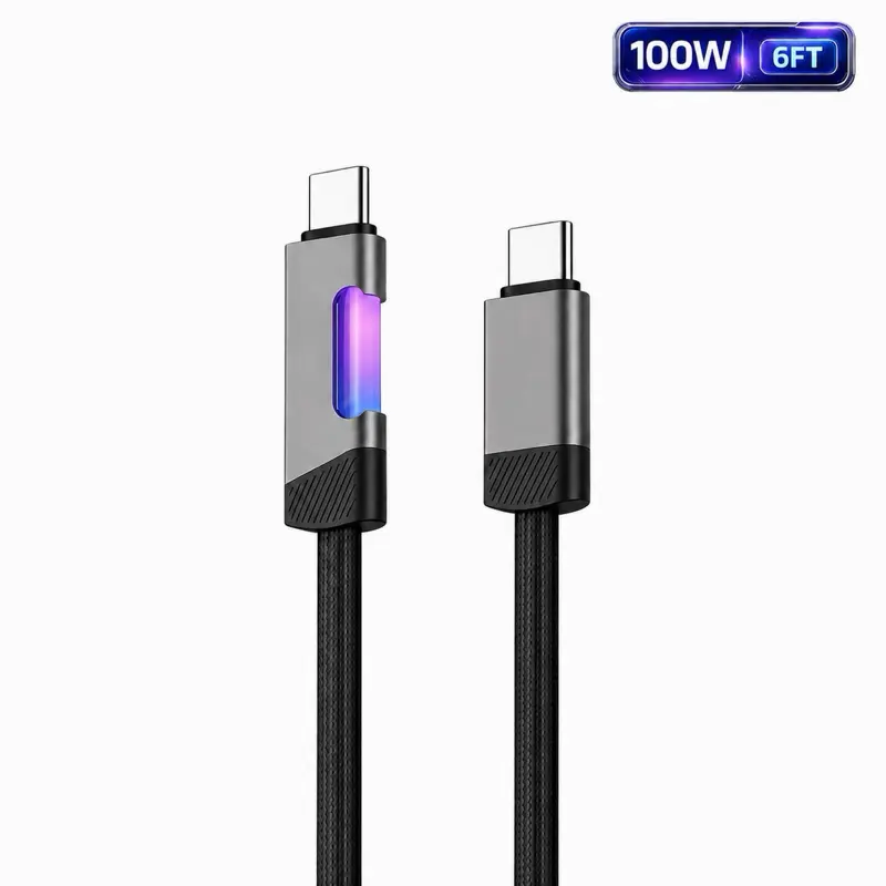 100W USB-C to USB-C Fast Charging Cable - 6FT Braided Nylon Cord with Smart LED, Compatible with iPhone 17/16/15 Series, iPad, Samsung Galaxy, Pixel, Smartphone, Mobile Phone Charger Devices