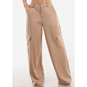 Super High Waist Satin Wide Leg Cargo Pants Taupe