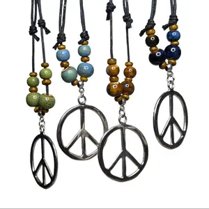 Ceramic Beaded Peace Sign Charm Boho Hippie Whimsical Adjustable Black Rope Cord Choker Stacking Necklace
