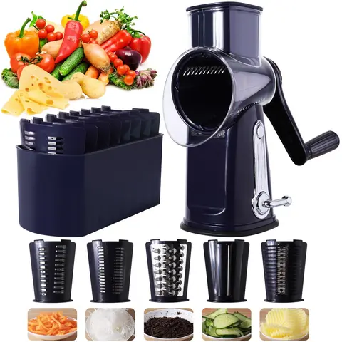 Manual Hand Crank Cheese Grater, 1 Box Rotary Cheese Shredder with 5 Blades, Vegetable Chopper, Round Mandoline Slicer, Vegetable Slicer Dicer, Vegetable Cutting Machine, Kitchen Gadgets