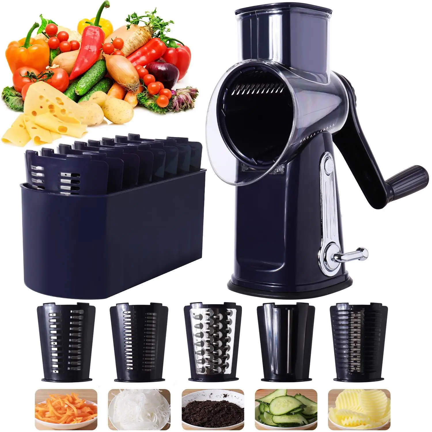 Manual Hand Crank Cheese Grater, 1 Box Rotary Cheese Shredder with 5 Blades, Potato Spiral Grater, Vegetable Chopper, Vegetable Cutting Slicer, Round