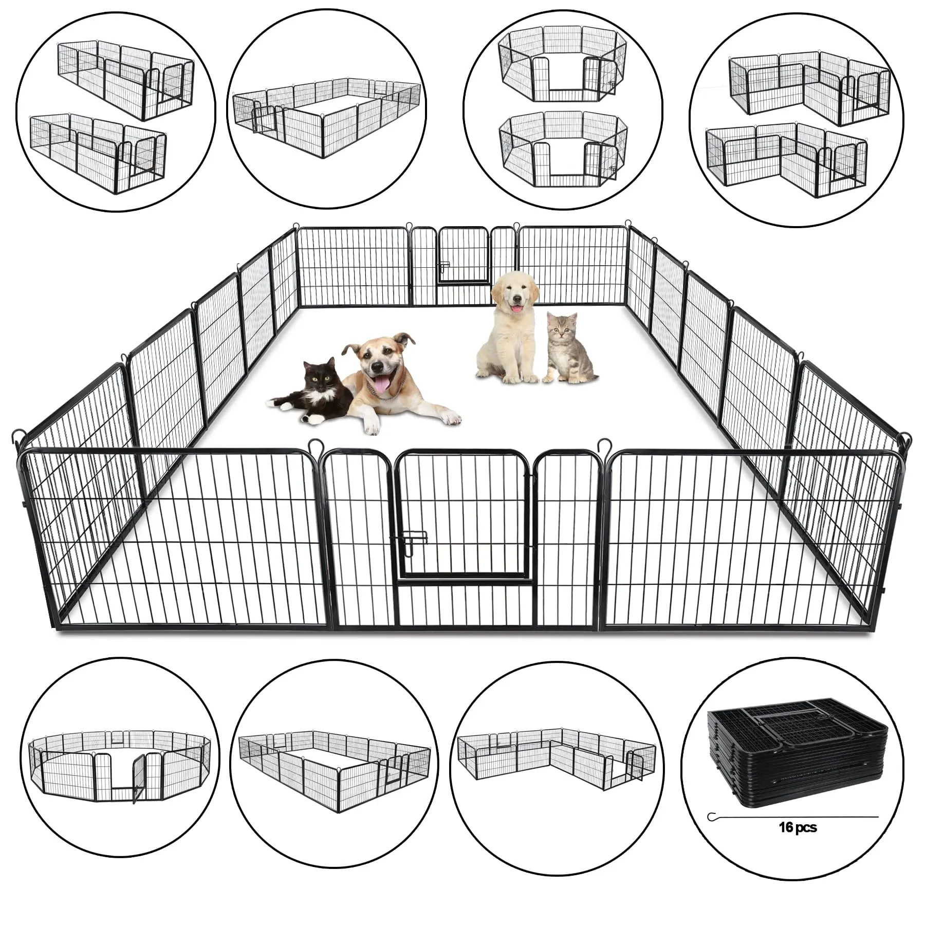 Foldable Wire Metal Dog Playpen - 16 Iron Panels, 24"H Rectangular Portable Enclosure, Sturdy, Escape-Proof Wire Metal Kennel, Large Space