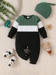 Baby Knitted Colorblock Jumpsuit Set with Hat, Simple Casual Design, Knit Material, Button Closure, Daily Wear, Baby Clothing, Infant