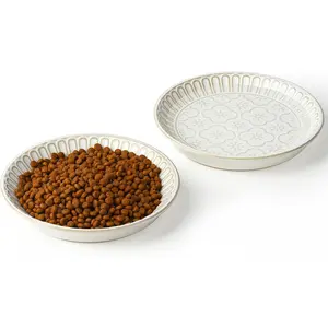 Shallow Cat Food Bowl Embossed, 6.1 inch Ceramic Cat Bowls for Food and Water, Set of 2 Wide Whisker Fatigue Pet Dishes Food Plates for Cats Small Dog Puppies Kittens