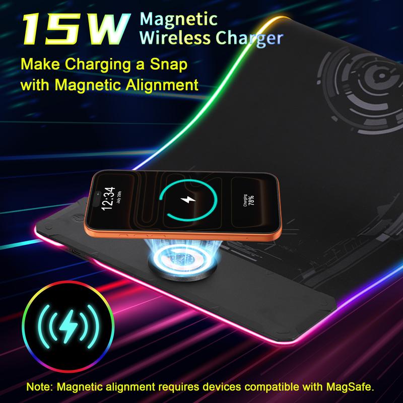 Large Gaming Mouse Pad with Magnetic Wireless Charger 15W Fast Charging, RGB Light LED Mousepad Desk Mat, Smooth Surface, Anti-Slip Rubber Base, Keyboard Pad for Gaming, MacBook, PC, Laptop - Black
