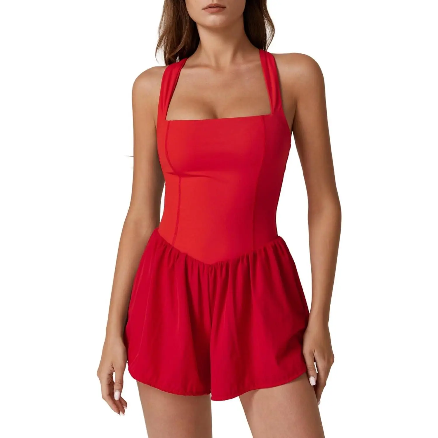 Women's Cotton Strappy Square Neck Sleeveless High Waist Overalls - Army Green, 1 Pocket, Tummy Control, Minimalist Basic Clothes, Casual Summer Outfit, Multi-Size Essential Jumpsuit Romper