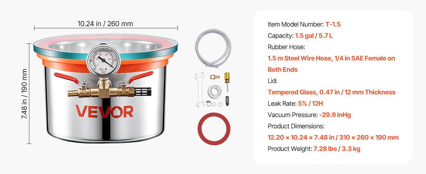 【fathersdaygift】VEVOR 1.5 Gallon Vacuum Chamber, Stainless Steel, Vacuum Degassing Chamber with Tempered Glass Lid, Hose, Air Filter, for Resin Casting, Stabilizing Wood, Degassing Silicone, Epoxies, Essential Oils