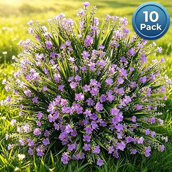 10-Pack UV-Resistant Artificial Purple Wildflower Shrubs, Waterproof Faux Plastic Greenery, No-Fade Fake Flowers for Patio, Fence, Outdoor Decor