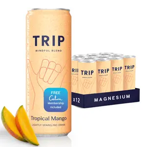 TRIP Tropical Mango Sparkling Adaptogen Drink — 120mg Magnesium, Lion's Mane, Chamomile & Lemon Balm, Non-Alcoholic, No Added Sugar, Vegan (12-Pack, 12oz)