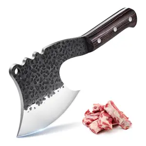 ROCOCO Professional Bone Cleaver - Hand Forged Full Tang Kitchen Knife for Cutting Meat, Heavy Duty Butcher Tool for men Home and Restaurant Use (Black)