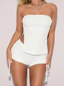 YULENA  Strapless Single Hue Bandeau Dropped Midriff String Fasten Hotpants Baddie Energy