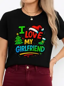 Christmas T-Shirt Black I Love My Girlfriend with Santa Hat, Tree & Stocking Print - Holiday Gift, Personalized Crewneck Tee, Unisex, All Sizes, Made in USA